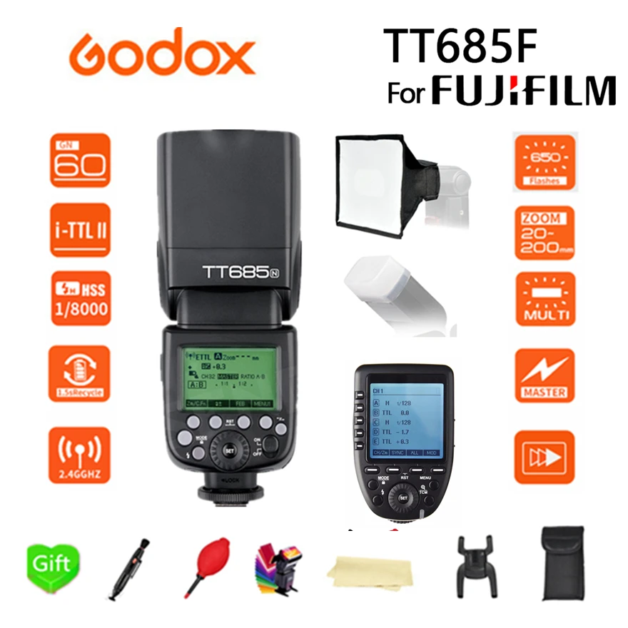 

Godox TT685F TT685 Flash 2.4G HSS 1/8000 s TTL GN60 Wireless Speedlite +15*17 softbox+XPRO-F Trigger Transmitter for Fujifilm