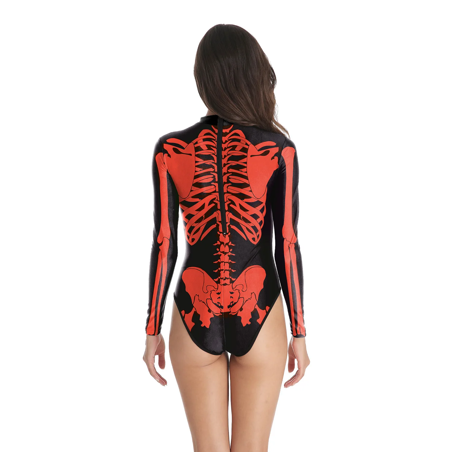 Terror Halloween Costume Red Skeleton Print Bodysuit For Women Horror Bone Long Sleeves Top Spandex Scary Party Club Lady Girls