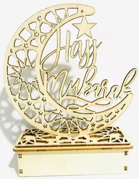

Wooden Ramadan Eid Mubarak Moon Star Islam Hajj Mubarak Hanging Pendant Plate With LED String Lights Ornament Home Party Supplie