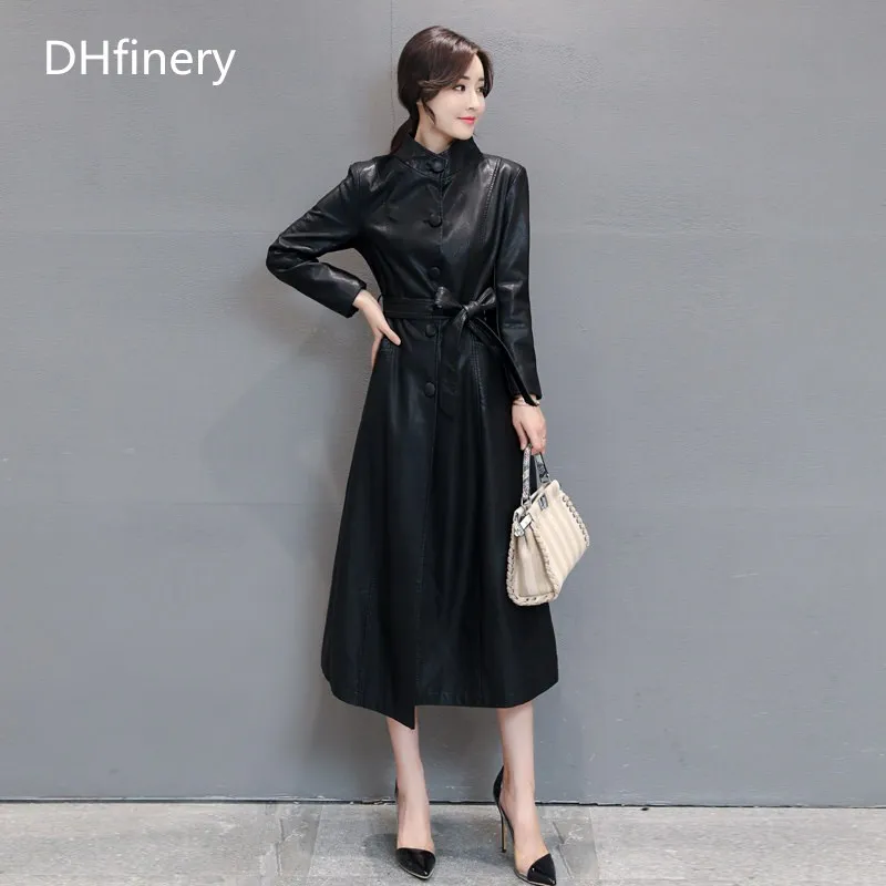 

leather jacket women autumn and winter Long design Stand collar motorcycle jacket black red and green jacket leather coat k6701