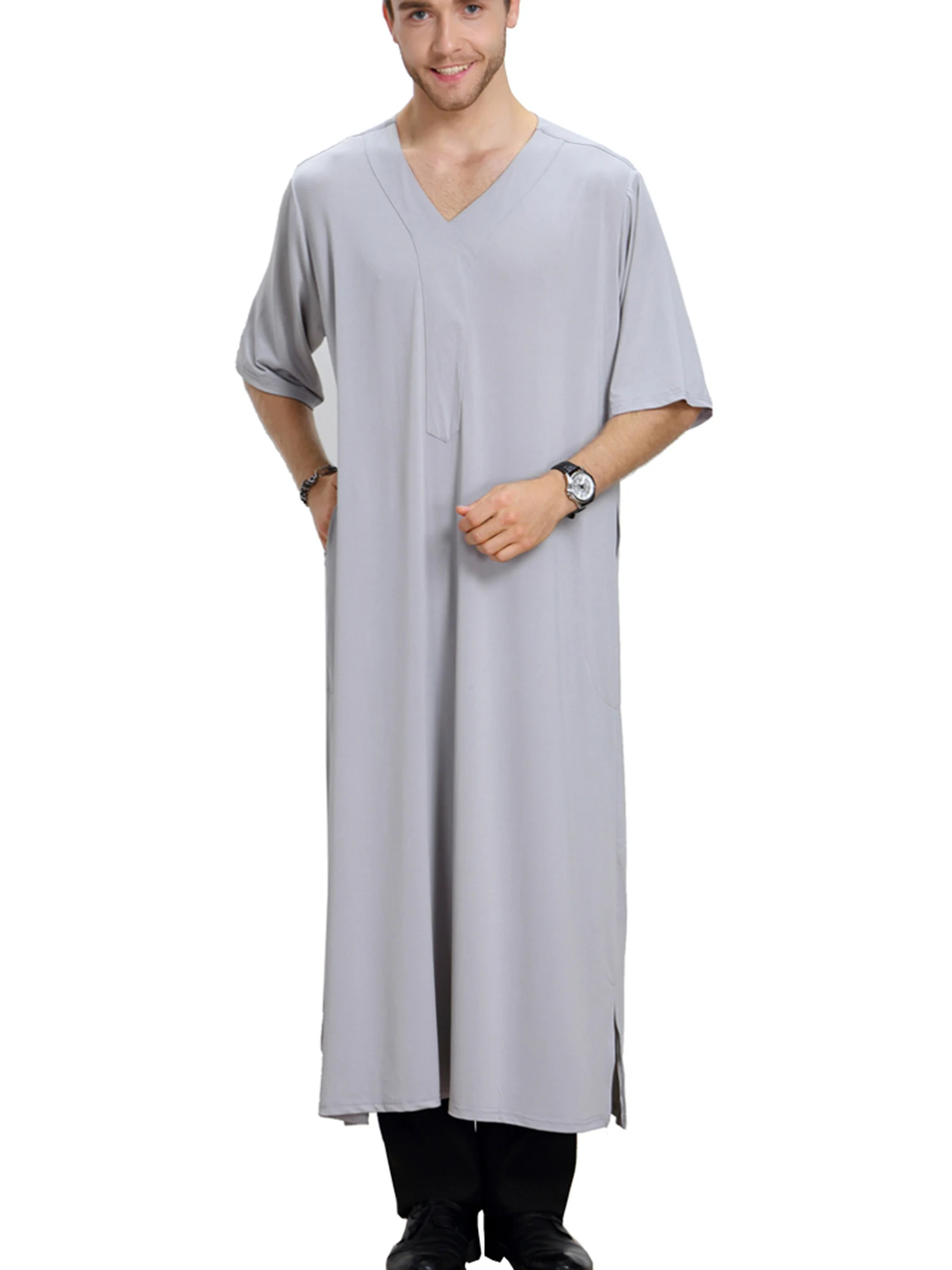 

Arabic Hombra Thobe Short-sleeved V-neck Kaftan Muslim Solid Abaya