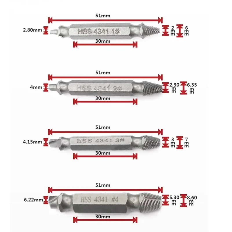 4 шт. автомобильный шнековый экстрактор для ремонта автомобильных шин, сверла, набор направляющих для удаления сломанных поврежденных болтов, двухсторонний поврежденный 1#2#3#4