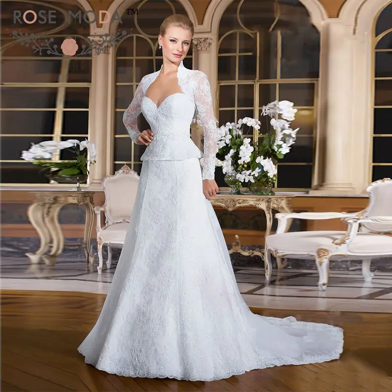 Fashion Ed A Line Lace Peplum Wedding Dress With Detachable Fashion Ed A Line Lace Peplum Wedding Dress With Detachable Train Long Sleeves Jacket Bolero Vestidos De Noiva In Dresses From Weddings