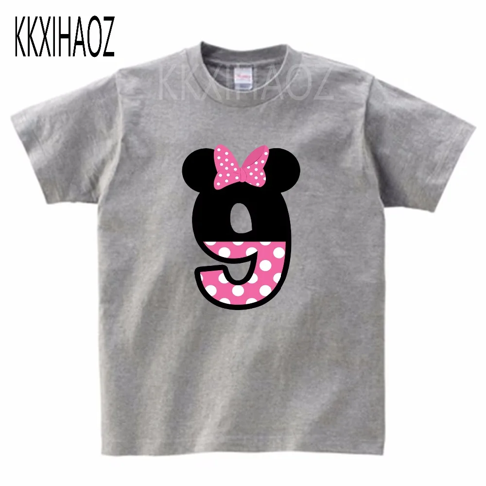 Коллекция года, одежда для девочек с милым принтом Минни и буквами, Забавная детская футболка с круглым вырезом, хлопковая детская одежда с цифрами 7-9 лет