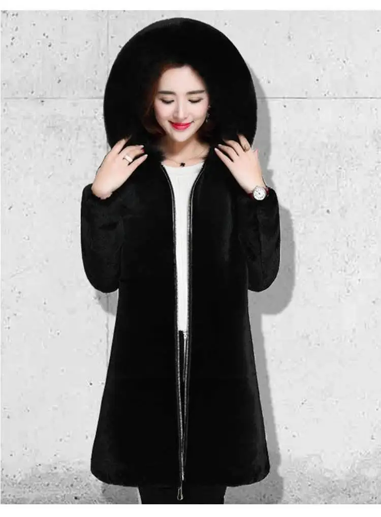 Women Clothes Hooded Large Fur Collar Faux Fur Sheep Shearing Coat Female Long Section Winter Thick Plush Coat Women Coat