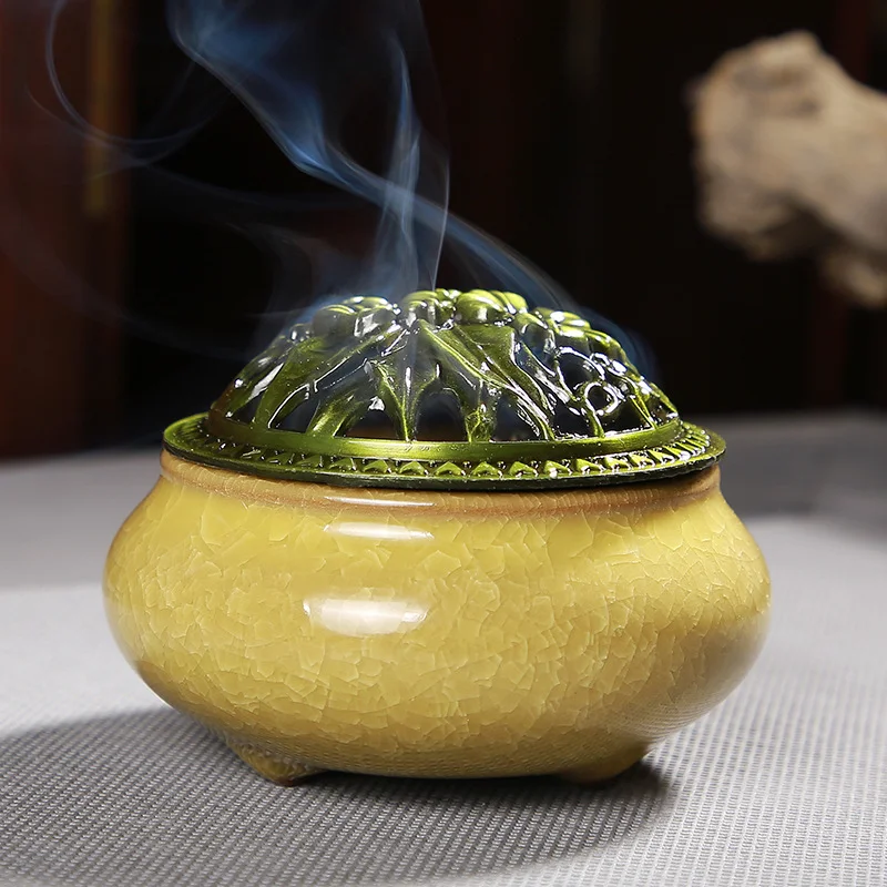 

Incense Burner Copper Cover Ceramic Buddha with Antique Alloy Line Incense Sandalwood Ice Cracking Plate Incense Burners E $