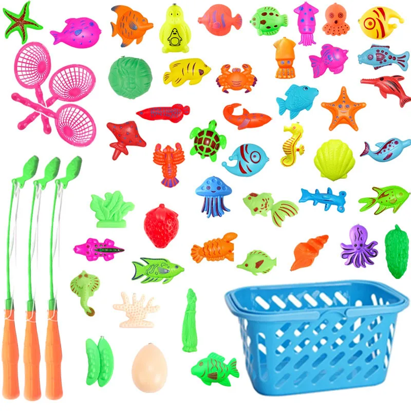 Магнитная рыболовная игрушка с надувным бассейном, магнитная рыболовная игрушка, набор удочек для детей, детская модель, игры для рыбалки на открытом воздухе - Цвет: 52PCS-Basket