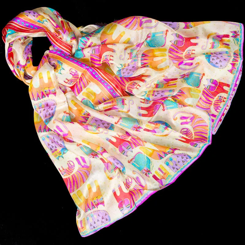 

100% Silk Scarf Women Scarf Cat Large Silk Shawl 2019 Top Silk Pashmina Long Big Print Animal Silk Wrap Hot Luxury Gift for Lady