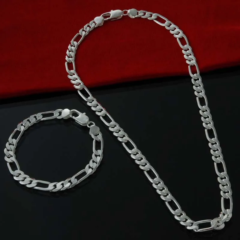 Free Shipping,silver plated 6mm chain men's jewelry sets ,silver plated