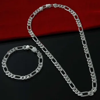 

Free Shipping,silver plated 6mm chain men's jewelry sets ,silver plated jewelry 6mm Figaro Chain necklace + bracelet Sets F men
