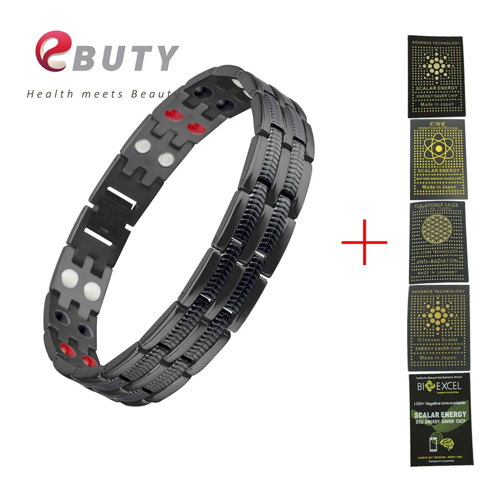 

EBUTY Men Black Titanium Bracelet Magnet Energy Bracelets FIR Curling Health Gift Anti Radiation Sticker with Box