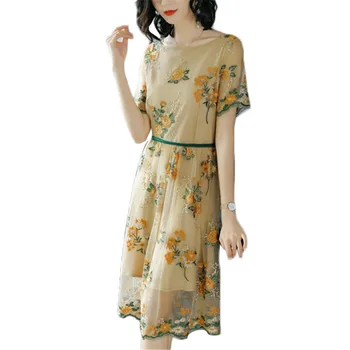 

Summer Dress Women Yellow Mesh Embroidery Short Sleeve Dresses 2019 New Temperament Elegant Slim Green Belt Dress Vestidos LD962