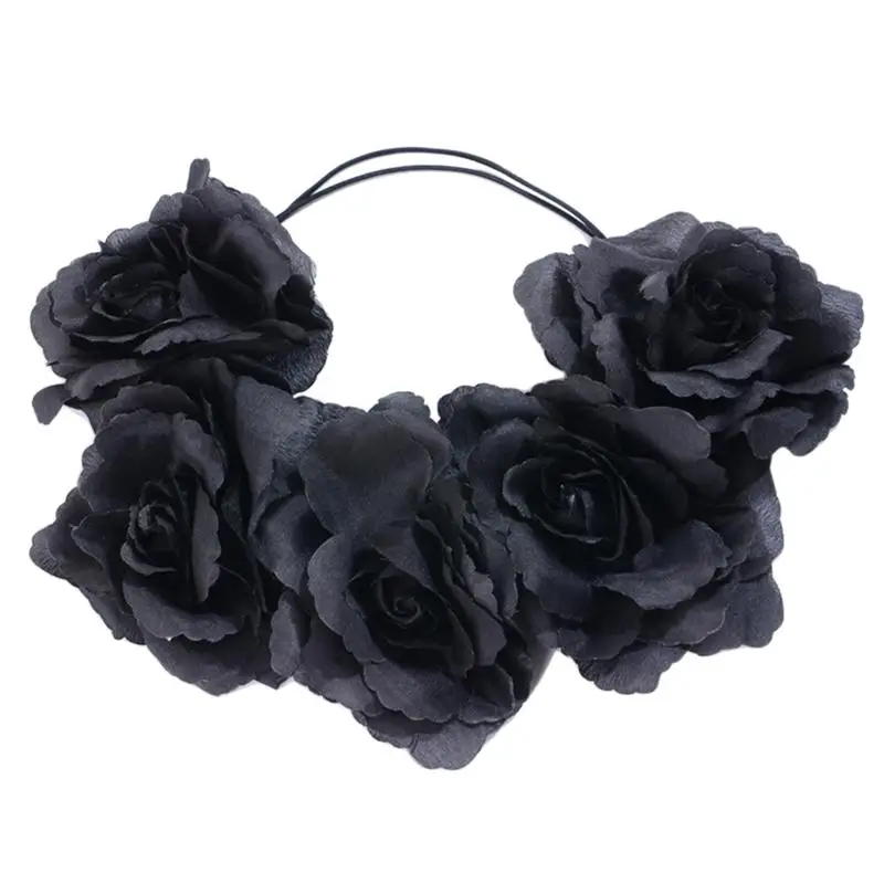 Rose Flower Headband Elastic Black Adjustable Floral Headband Wreath