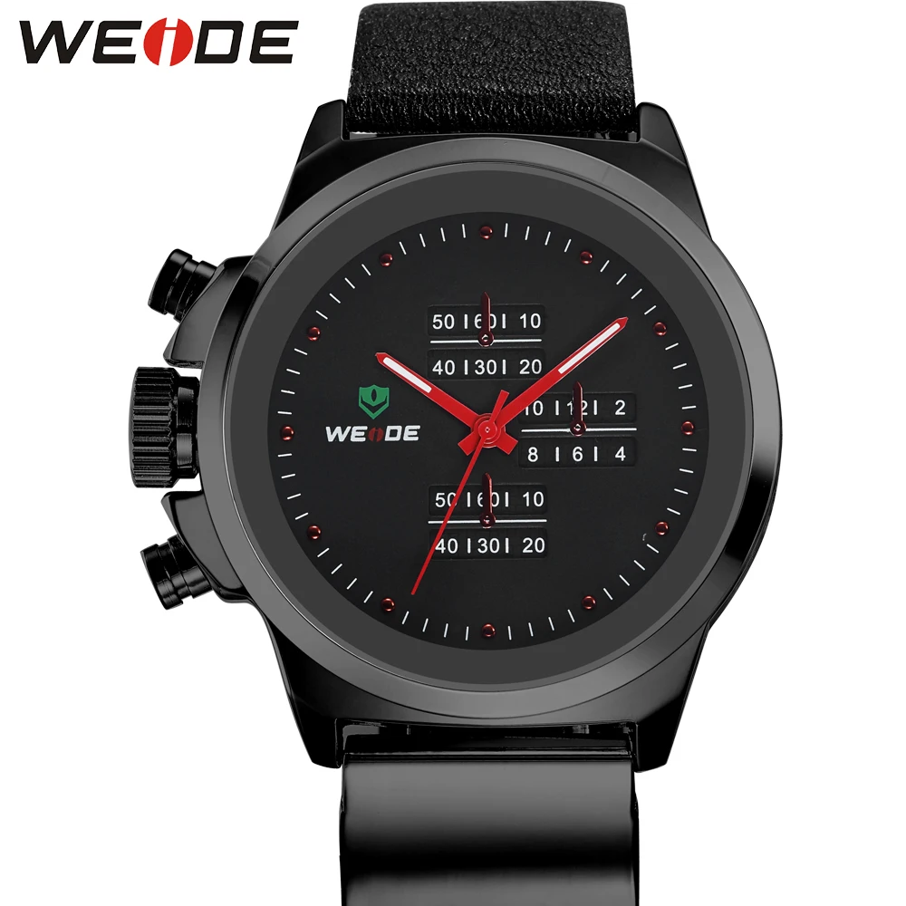 

Fashion WEIDE Sport Watch Men Quartz Red Analog Watch Leather Band Black Case Man Water Resistant Army Wristwatch Orologio Uomo