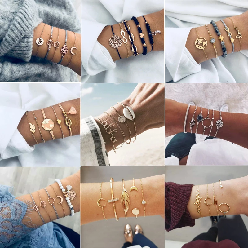 

HOCOLE Fashion Bohemian Chain Bracelets For Women Leaf Heart Moon Vintage Charm Gold Metal Bangle Bracelet Sets Party Jewelry