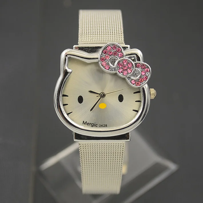 

Cat Quartz Hello Kitty Watch Women Luxury Fashion Lady Girl Silver Stainless Steel Net Band Cute Wristwatch Crystal Hour Pink