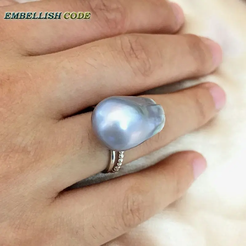 Регулируемое кольцо с жемчугом в стиле барокко, 925 серебряное кольцо, серое блестящее тканевое ядро, пламебол для женщин, натуральный культивированный жемчуг