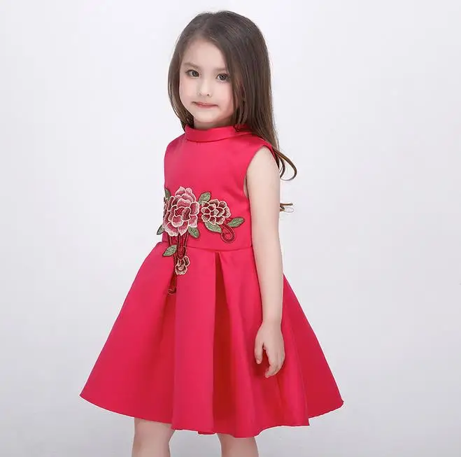 Сезон весна-лето; высококачественное платье для девочек в европейском и американском стиле; платье принцессы с юбкой-пачкой; платье с вышитыми цветами для девочек; подарки для свадебной вечеринки - Цвет: rose red QZ17053