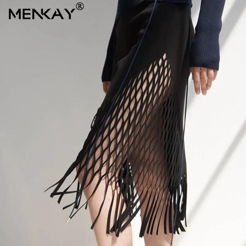 

[MENKAY] Skirt For Women High Waist Patchwork Hollow Out Pleated Irregular Long Skirts Casual Streetwear Female Skirt Bottoms
