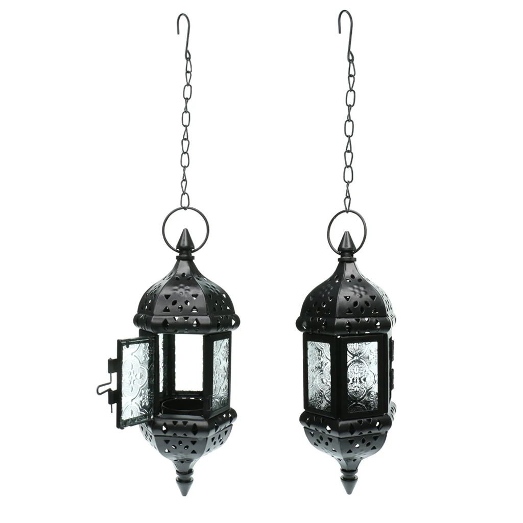 2 Pieces Iron Chain Hanging Glass Candlestick Candle Holder Lantern Lamp Black