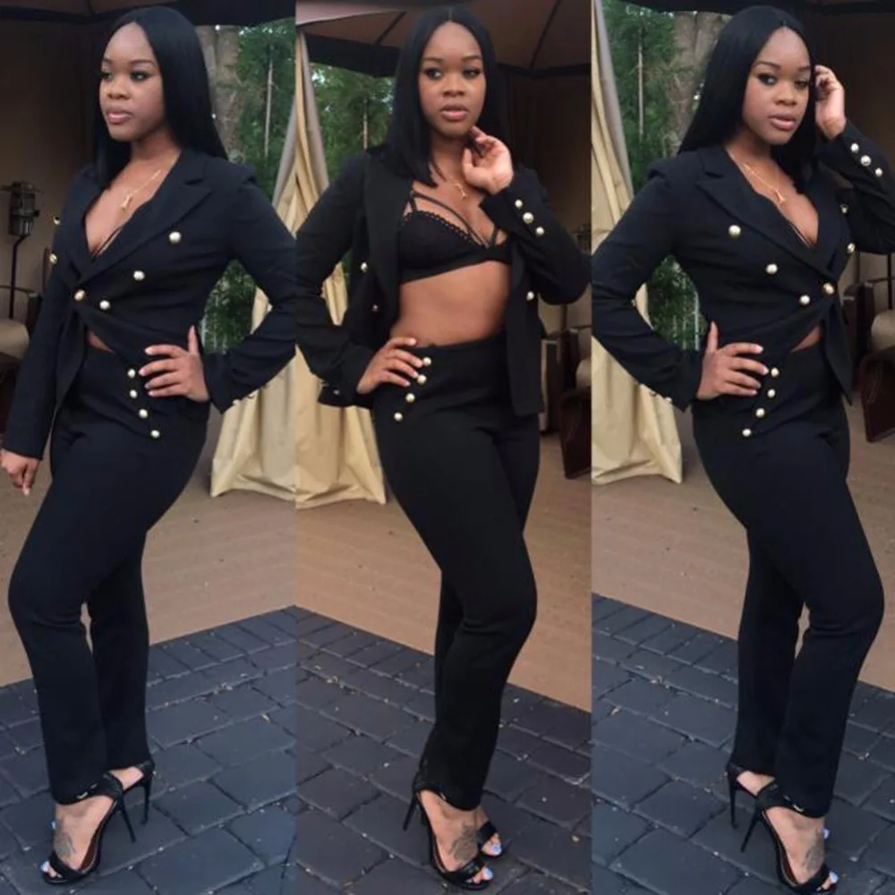 Spring and Autumn Fashion Sexy Deep V Set Female Korean Small Suit Jacket Pants Two-Piece Set conjuntos de mujer two piece set Spring and Autumn Fashion Sexy Deep V Set Female Korean Small Suit Jacket Pants Two-Piece Set conjuntos de mujer two piece set