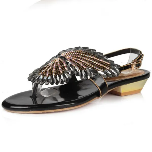 Новые сандалии Для женщин туфли на плоской подошве бриллиантами в богемном стиле обувь для отдыха женские сандалии из натуральной кожи с открытым носком на открытом воздухе женский Повседневное пляжная модная обувь - Цвет: Black