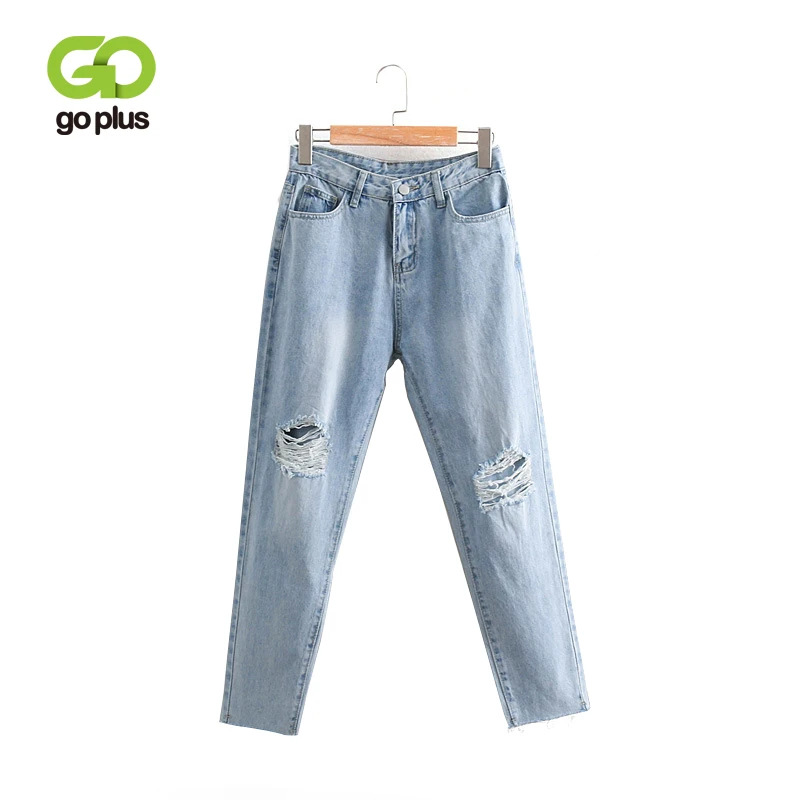 

GOPLUS 2019 Spring Plus Size Ripped High Waist Jeans Full Length Casual Stretch Denim Straight Pants Jeans For Women C7596