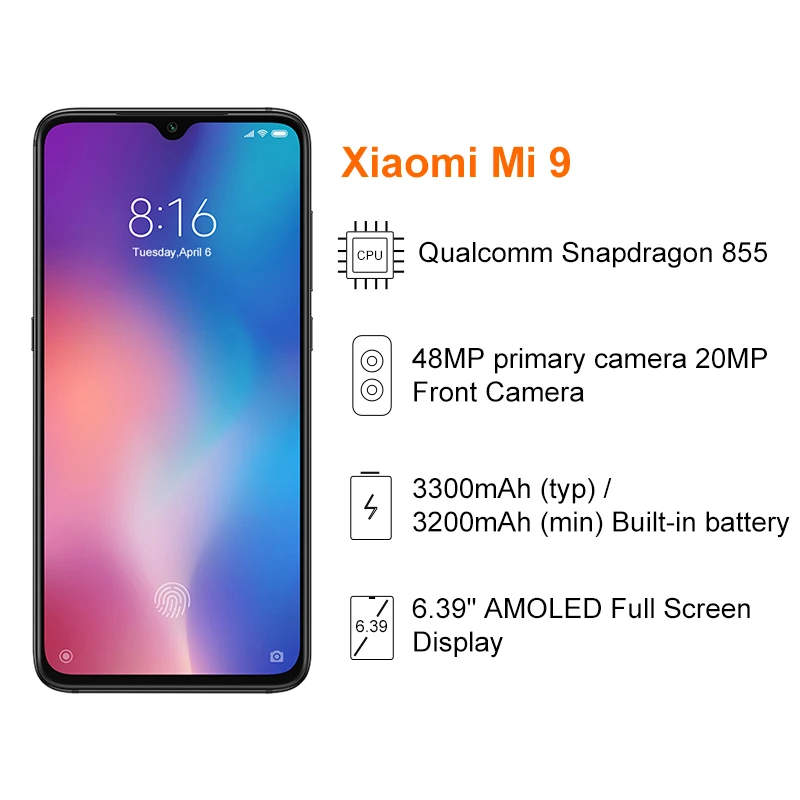 Глобальная версия смартфона Xiaomi mi 9 mi 9, 6 ГБ, 64 ГБ, Восьмиядерный процессор Snapdragon 855, 6,39 дюйма, 48мп, тройная камера, Беспроводная зарядка, NFC