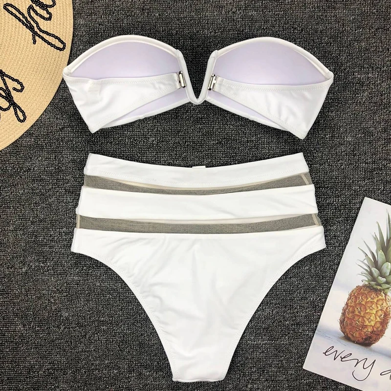 Online 2020 neue Sexy Hohe Taille Bikini Frauen Mesh Badeanzug Push Up Bademode Off Schulter Bikini Set Solide Badeanzug Sommer beachwear