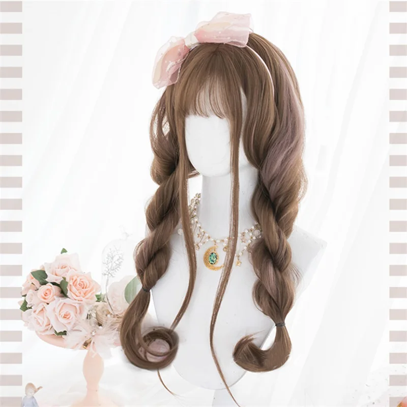 Косплей салон H762485 Лолита 64 см длинные волнистые коричневые с челкой для женщин девочек синтетические японские милые куклы термостойкие косплей парик+ шапка