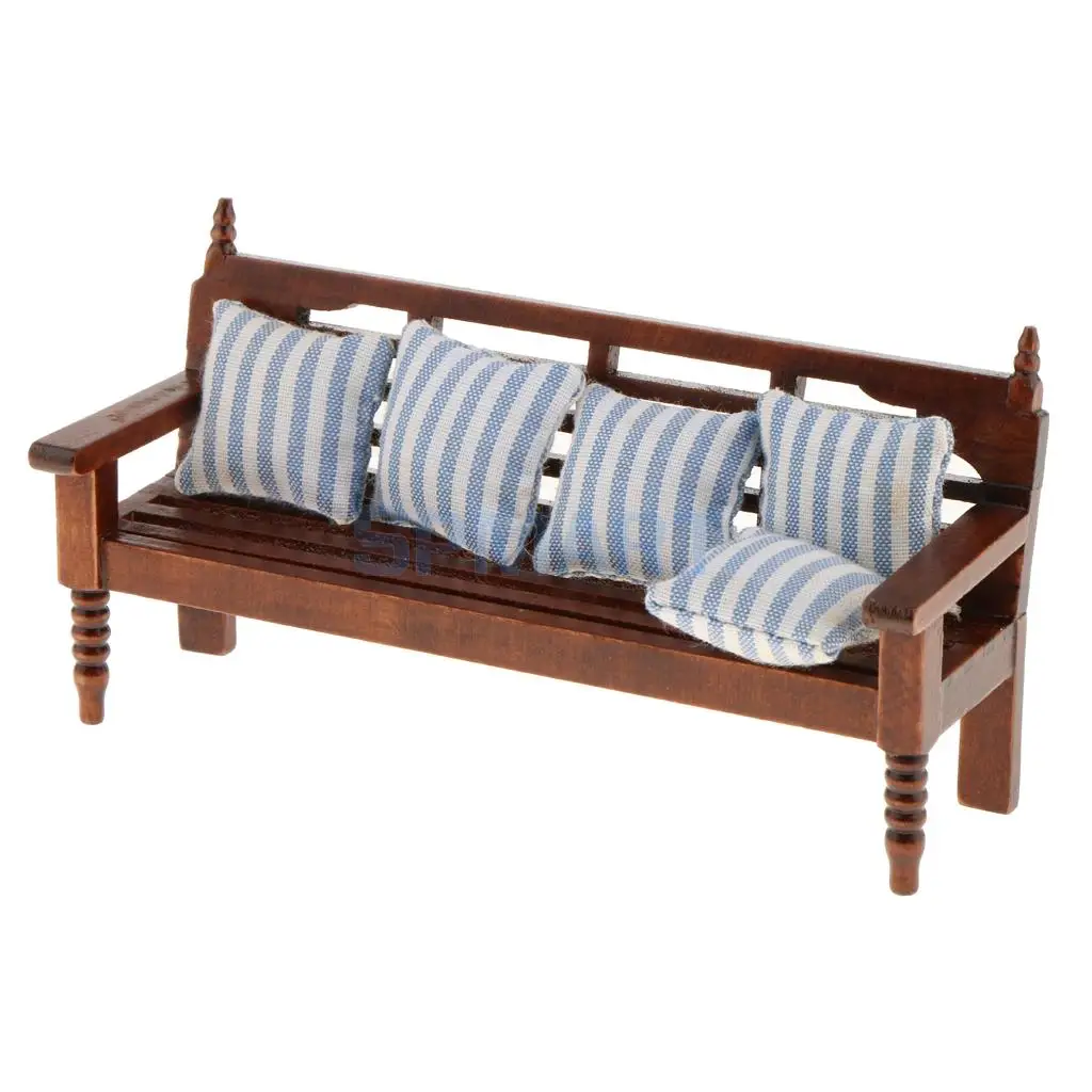 1/12 Scale Dollhouse Living Room Furniture Long Chair with 5 Cushions Set for 12th Dolls House Accessories