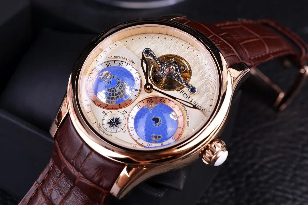 Forsining Earth Real Tourbillion, розовое золото, классические, мульти-ди, мужские дизайнерские часы, Роскошные, брендовые, автоматические часы