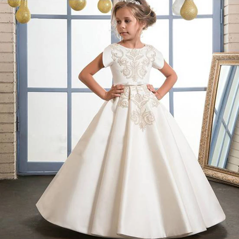 Королевское свадебное платье с цветочным узором для девочек, атласное кружевное бальное платье, платье для причастия, пышное платье, детская одежда