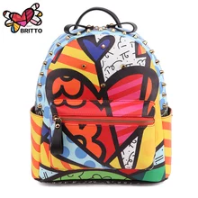 ROMERO BRITTO 2017 Hot Sales New Female Cartoon Graffiti Backpacks School Bags Travel Rivets Woman Fashion