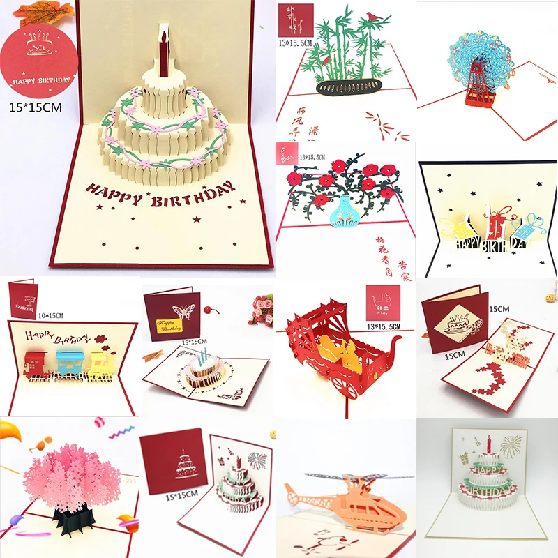 

Happy Birthday Postcard Greeting Gift Cards Blank Paper 3D Handmade Pop Up Laser Cut Vintage Invitations Custom with Envelope