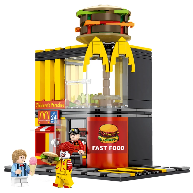 

Street Hamburger Cafe Retail Convenience Store Architecture Building Blocks Compatible Legoed Technic City Street View Brick Toy