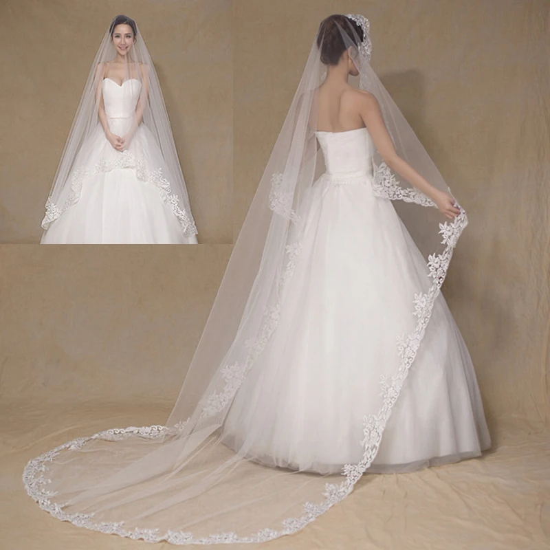 Real Photo 3M Cathedral Wedding Veils One Layer Full Lace Edge White Long Bridal Veil No Comb Cheap Wedding Accessories Mariage