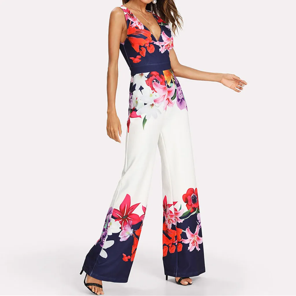 

Summer Women's wide-leg jumpsuit elegant romper plus size playsuit high waist lace up Ladies printed sleeveless casual jumpsuit