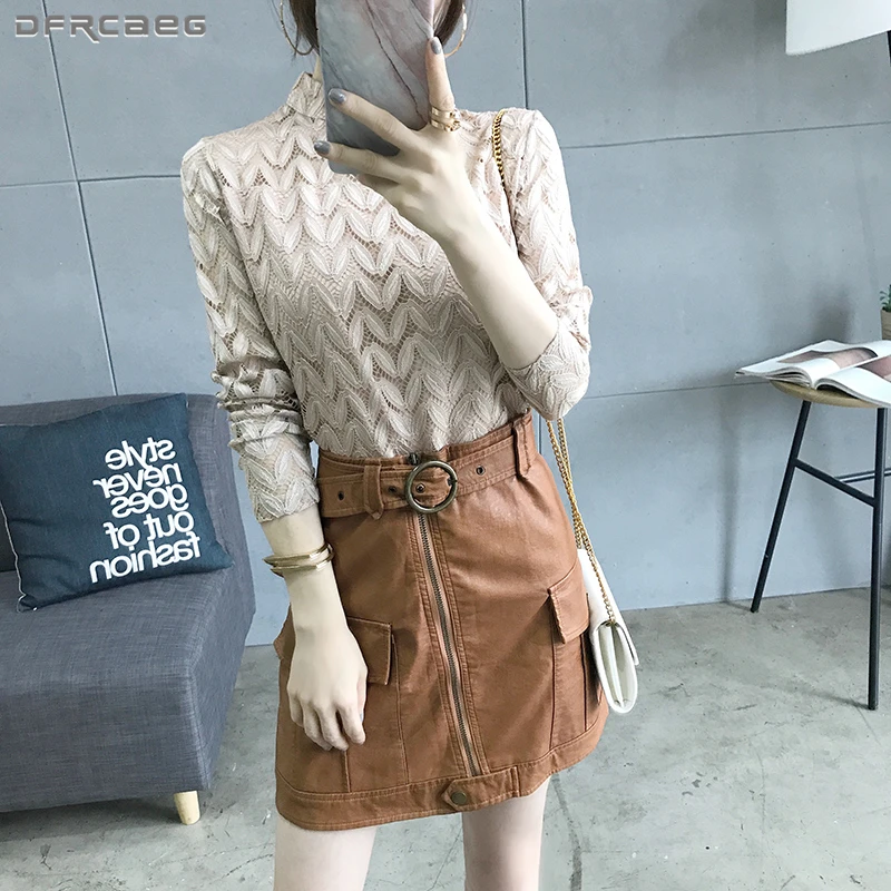 

Lace Hollow Out blouses Women Solid Blusa Turtleneck Autumn Woman Tops Transparent Vintage Basic Shirt Casual Mesh Chemise Femme