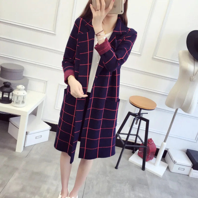 2018 New Autumn Winter High Quality Long Cardigan Women Sweater Long Sleeve Knitted Plaid Cardigans Female Tricot Tops