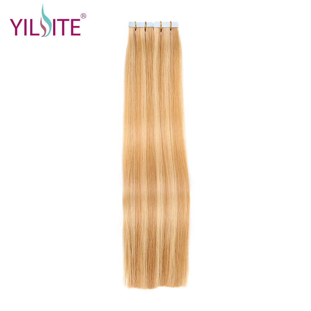 

Yilite 14"-16" Tape In Human Hair Extensions, Russian Silky Straight Remy Hair 20pcs Blonde Skin Weft Hair Piano color 27/613#