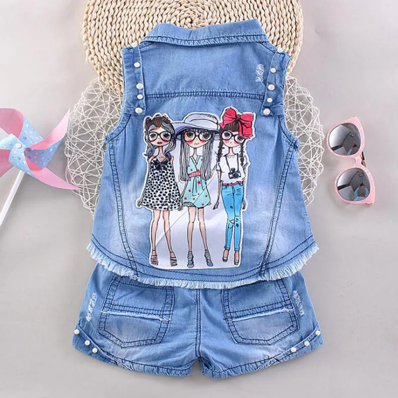 spring girls clothign sets cowboy two-piece suit for girls (2)