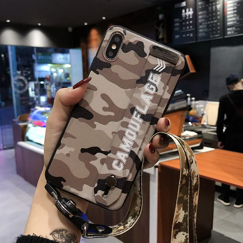 

Soft Silicone Phone Cover For iPhone X 6 6s 7 8 Plus XS MAX XR Army Green Wrist Strap Hand Band Case Luxury Neck Lanyard Coque