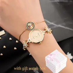 GREALY женщины кварц-часы Мода стиль звезды Группа горный хрусталь smart цепь с черепом подвеска браслет для коробки подарочные часы Топ