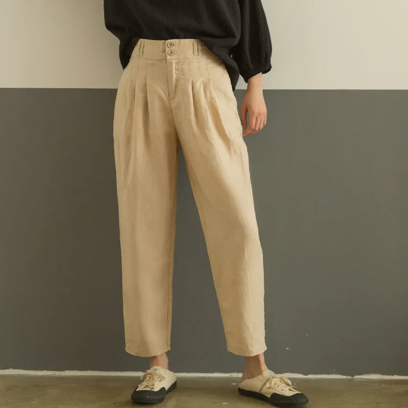 

Johnature New Casual Solid Color Linen Ankle-length Pants For Women Loose Japanese High Waist Button Zipper Pants 2019 Summer