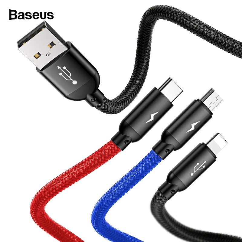 Baseus 3 in 1 3.5A USB Cable For iPhone X 8 7 Charging Charger Micro
