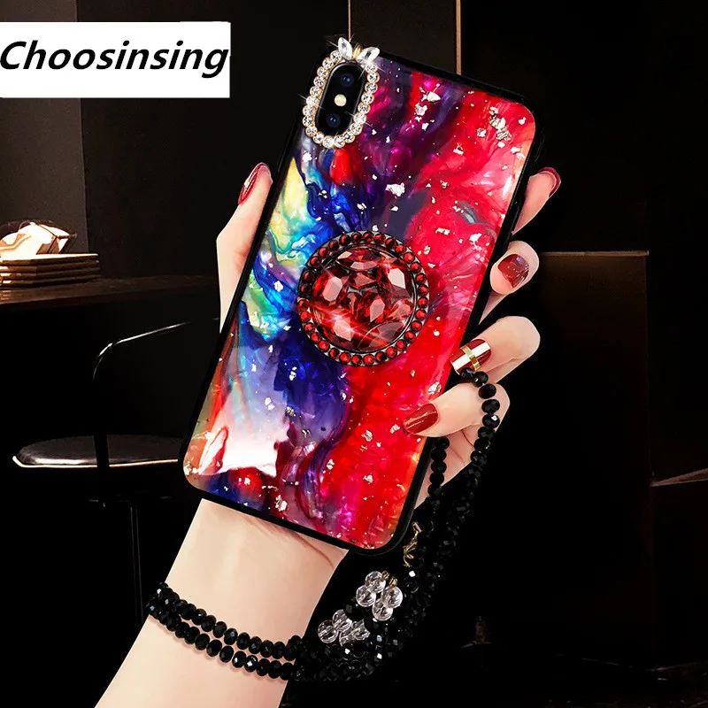 

Marble Sky Rhinestone With Finger Ring Plush Chain Phone cover Case For iPhone 7 6 S plus 8 X XS XR MAX Strap Girls Women Gift