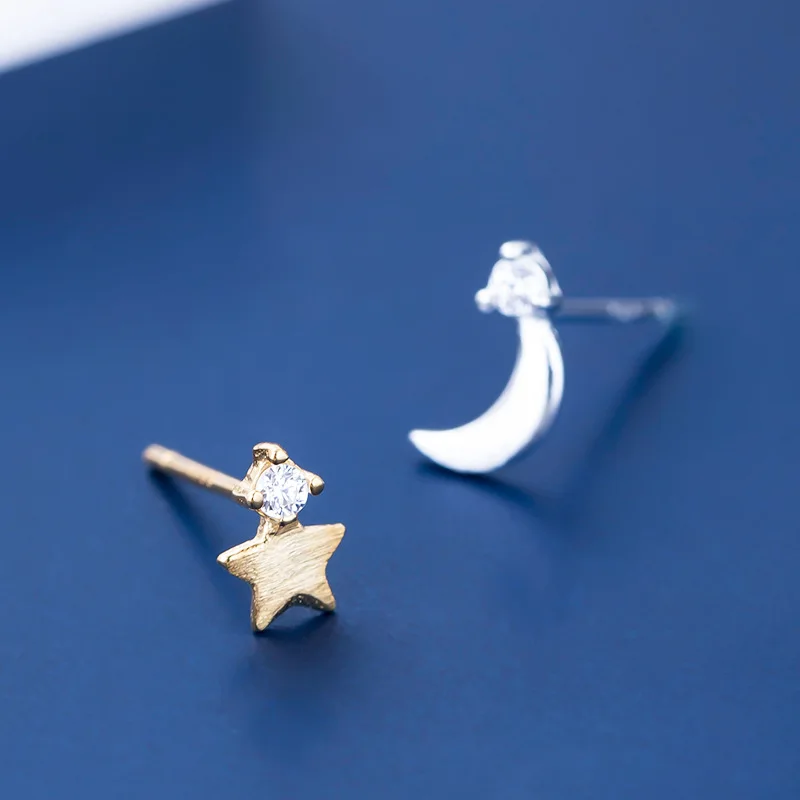 golden star silvery moon asymmetric stud earrings woman S925 silver jewelry fashion stud earrings for women gift