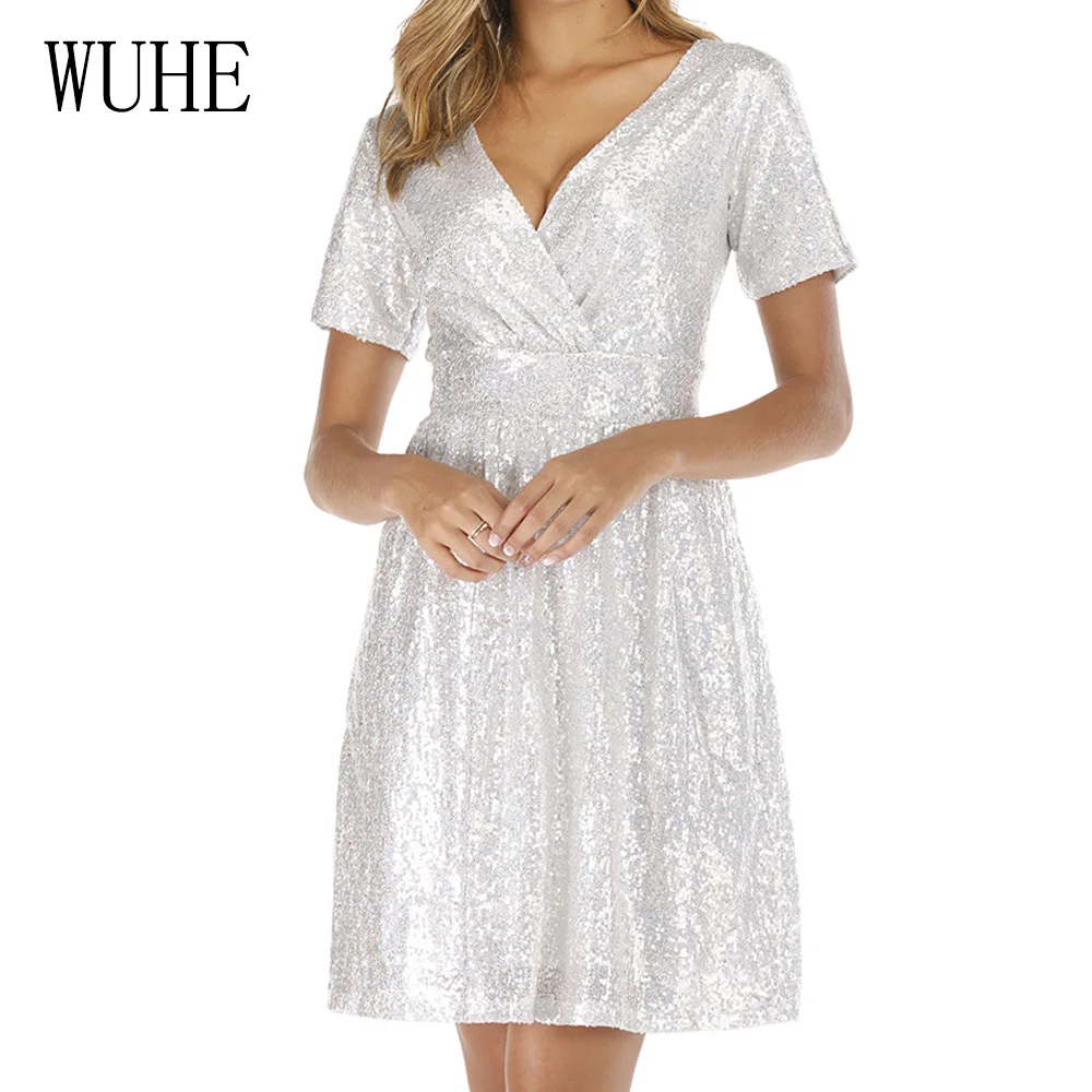 

WUHE Womens Silver Sequins A-Line Dresses Sexy V-neck Short Sleeve Women Elegant Party Night Club Dress Summer Female Vestidos