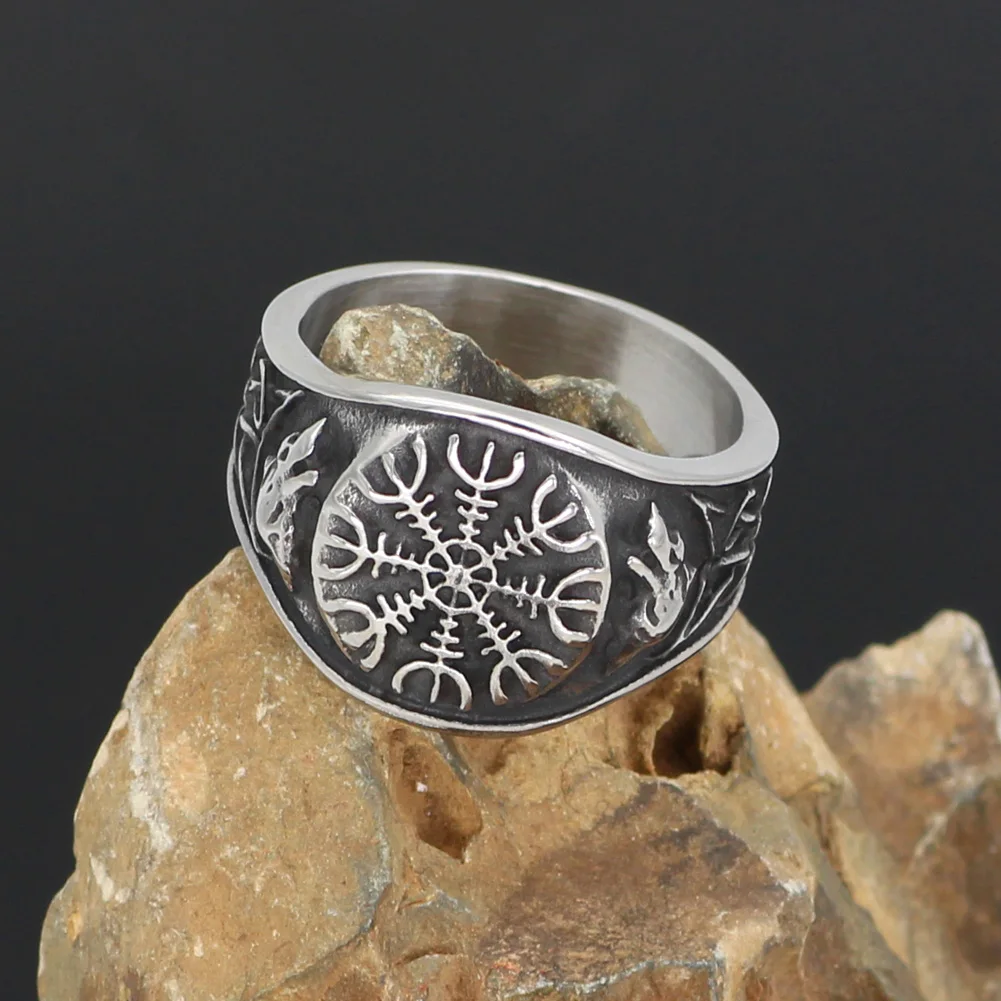 

Men nordic Helm of awe viking Odin Wolf amulet Stainless steel ring